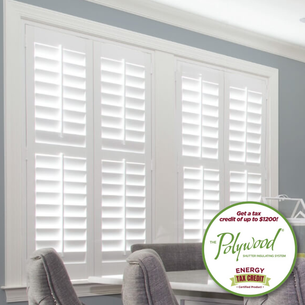 White Polywood shutters within a large kitchen