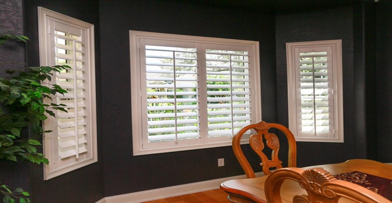 White Polywood Shutters In Dining Room With Dark Paint
