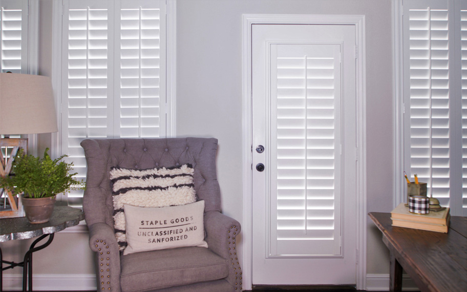 Interior shutters are beautiful and durable window treatments for glass doors in Miami. Polywood shutters on a door