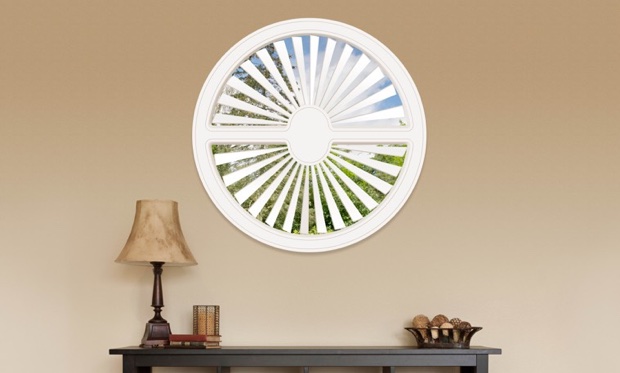 You can cover specialty shaped windows with our Polywood shutters. Circle shaped window in Miami