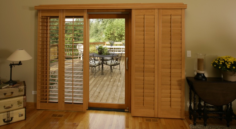 You can even match your wood shutters to your patio. Miami wood shutter sliding door