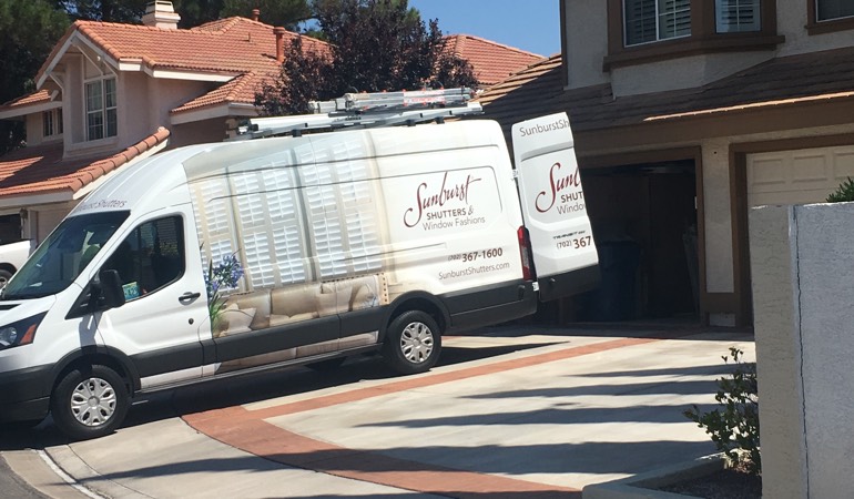 At an in-home consultation, we take the showroom to your home. Alt text: Sunburst Shutters van parked at customer's home.